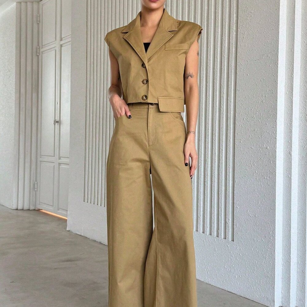 Khaki Casual Women's Turn-Down Collar Batwing Sleeve Top And Wide-Leg Pants Suit - Picture 6 of 9